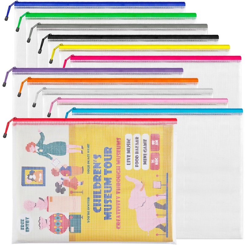 JARLINK A3 (16.9x12.4 in, 12 Pcs) Mesh Zipper Pouch, 12 Colors Extra Large Zipper Bags, Waterproof File Pouches for Office Supplies, Puzzles, Board Game, School, Travel Accessories & Craft Projects - Image 1